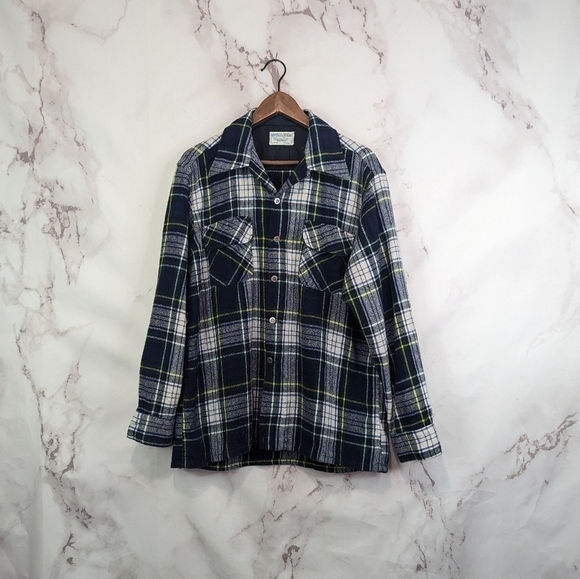 JC Penney Vintage Wool Button Up Shirt Size Large Men 70s Flannel Black Blue - Picture 1 of 12